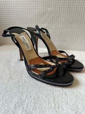 Jimmy Choo Black Leather Studded Platform Slingback Sandals Size 40.5